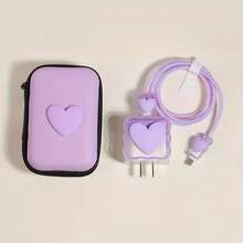 6pcs Apple Charger Protector Case, Data Cable, Wired Earphones, Wireless Earphones, EVA Storage Bag - Purple Heart Six-piece Set - View 6
