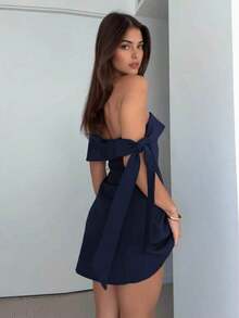 Vestido Casual con Espalda Descubierta, Tirantes con Lazo y Diseño Corto, Perfecto para Look de Verano y Eventos Nocturnos - Azul marino - Ver 4