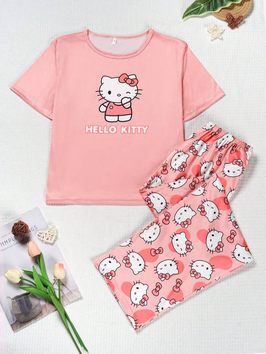 Bộ đồ ngủ nữ Sanrio Hello Kitty, họa tiết mèo KT dễ thương, áo cổ tròn tay ngắn và quần dài, chất liệu vải dệt kim mềm mại, ấm áp. - Hồng - Xem 1