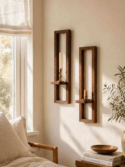 1pc/2pcs Vintage Farmhouse Style Wooden Wall Mounted Shelves, Brown Minimalist Geometric Design, Suitable For Indoor Living Room Wall, Window Sill, Fireplace Mantel, Outdoor Garden Wall (Candles Not Included)