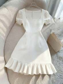 Vestido Casual con Cuello Cuadrado, Mangas Cortas y Diseño Ajustado, Perfecto para Look de Verano y Eventos Sociales - Blanco - Ver 4
