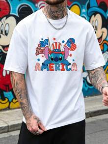 Men's Disney Lilo & Stitch Patriotic America 4th Of July Graphic Crew Neck T-Shirt, Casual Short Sleeve Tee, USA Flag & Stars Print, Loose Fit Daily Wear Basic Top For Men - trắng - Xem 2