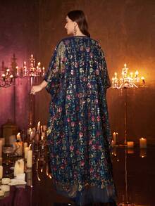 UNITHORSE Plus Size Women's Round Neck Batwing Sleeve Long Sequin Contrast Mesh Embroidered Belt 2-Piece Turkish Robe Dress Vacation - Navy Blue - View 3