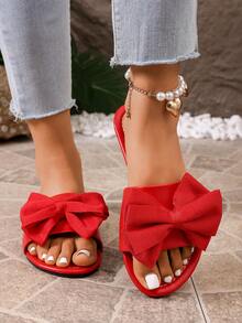 Sandalias planas para mujer, nuevos estilos de verano con decoración de lazo, diapositivas versátiles de una correa - Rojo - Ver 5