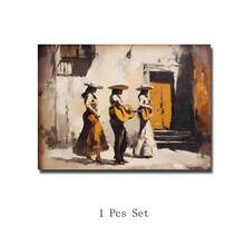 Set Of 1 Mexican Mariachi Female Musicians Canvas Wall Art | Vintage Street Festival Impressionist Print For Living Room Kitchen,Frameless/Framed - A - View 12