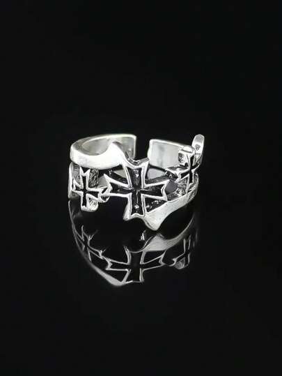 1 pieza Anillo de cruz abstracto grueso de estilo vintage punk, accesorio de moda callejera ajustable para hombres