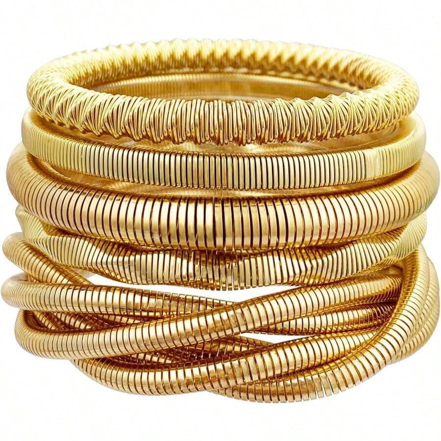 5PCS Bangles Bracelets Women Chunky Stretch Bracelet Set Stainless Steel Chain Flexible Wide Wristband Bangle Stackable Layered Bracelets - 5個G - 查看 1