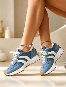 2026 New Retro Suede Sneakers Women, Blue White Casual Lace-Up Trainers, Comfortable Non-Slip Chunky Sole Running Shoes - Màu xanh lam - Xem 5