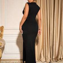 Cravure Plus Size Women Metal Decor Hollow Out Backless Bodycon Dress, Sexy & Chic, Versatile For Daily, Commute, Party & Prom - Azul Marino - Ver 4