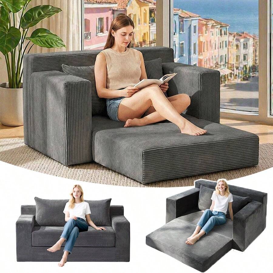 Loveseat Boneless Convertible Sofa Bed, Folding Floor Futon Sleeper Sofa Couch Bed- Boneless Foldable Couch, Corduroy Pull Out Sofa Bed With 4 Pillows For Living Room & Bedroom, Grey - 灰色 - 查看 1