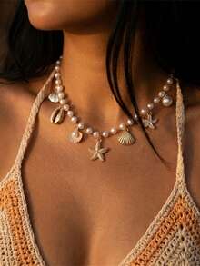 1pc Summer Vacation Style Starfish Pendant Necklace, Casual Pearl Necklace Suitable For Holiday And Daily Wear - Starfish Necklace - View 1