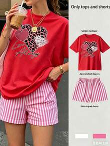 2 pack Conjunto dos piezas ropa mujer  verano  parte superior camiseta playera estampado grafico corazones animal print "love always", manga corta y shorts a rayas ropa de diario, casual y vacaciones de playa - ROJO - Ver 1