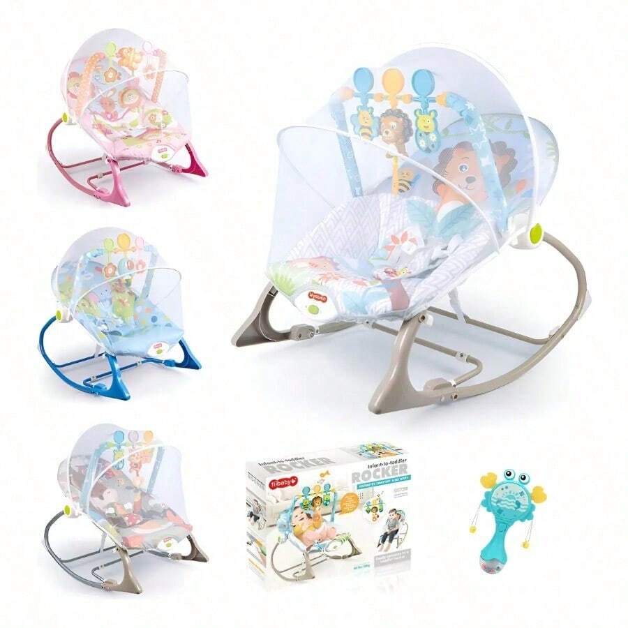 Silla Mecedora Eléctrica para Bebé con Vibración, Música y Mosquitera, Diseño Cartoon - Gris-León - Ver 1
