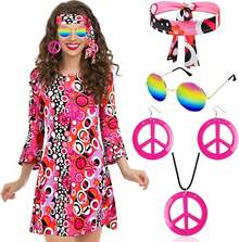Disfraz Hippie de Los Años 60 y 70, 6 Piezas Conjunto de Hippie para Mujer, Traje Discoteca, con Diadema, Collar, Aretes y Gafas de Sol, Disfraz para Halloween - Floral - Ver 9