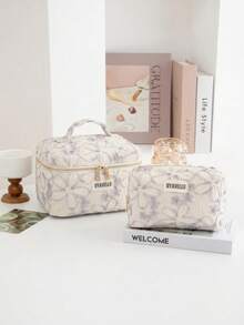 1pc/3pcsLarge Capacity Pink Cosmetic Bag, Floral Pattern Travel Toiletry Bag, Cute Zippered Portable Travel Toiletry Bag, Portable Storage Bag, Embroidered Linen Cosmetic Bag, Travel Essential, Back-To-School Supplies, Soft Fabric Cosmetic Bag Set, Stylish Women's Wallet And Tote Bag, Suitable For Family, Travel, Vacation And School, Bedroom Essential, Bridesmaid Gift, Mother's Day Gift, Birthday Gift. - Mauve Purple - View 15