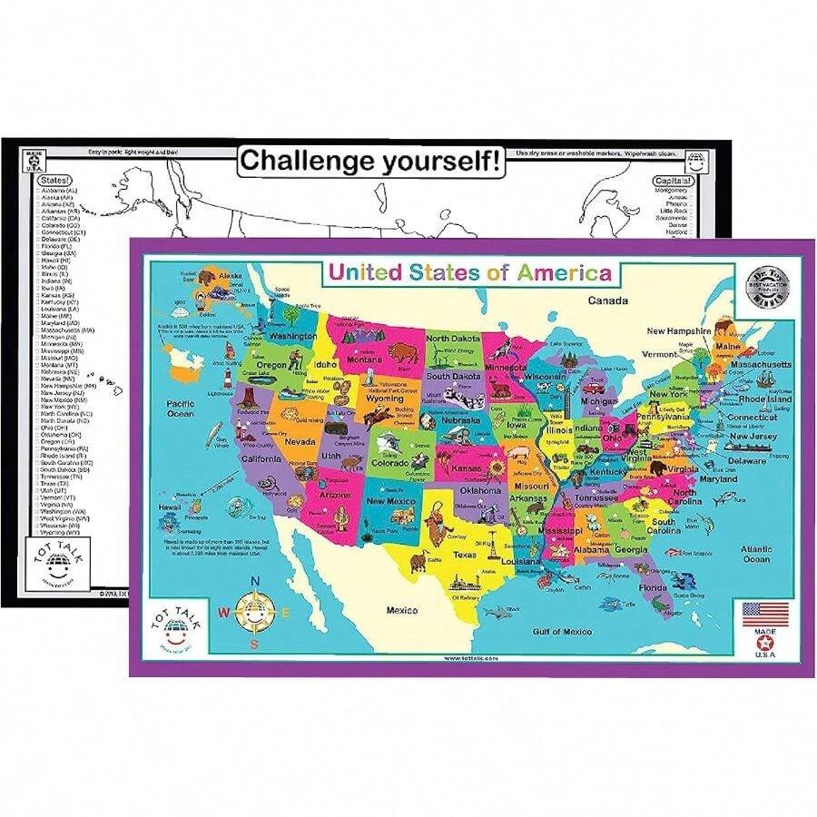 USA Map Educational Placemat - Learn All 50 United States Geography - Fill-In-Blank Practice On Back - Made In USA - Double-Sided, Waterproof Wipeable - 11.5x 17.5 - 美國 - 查看 1