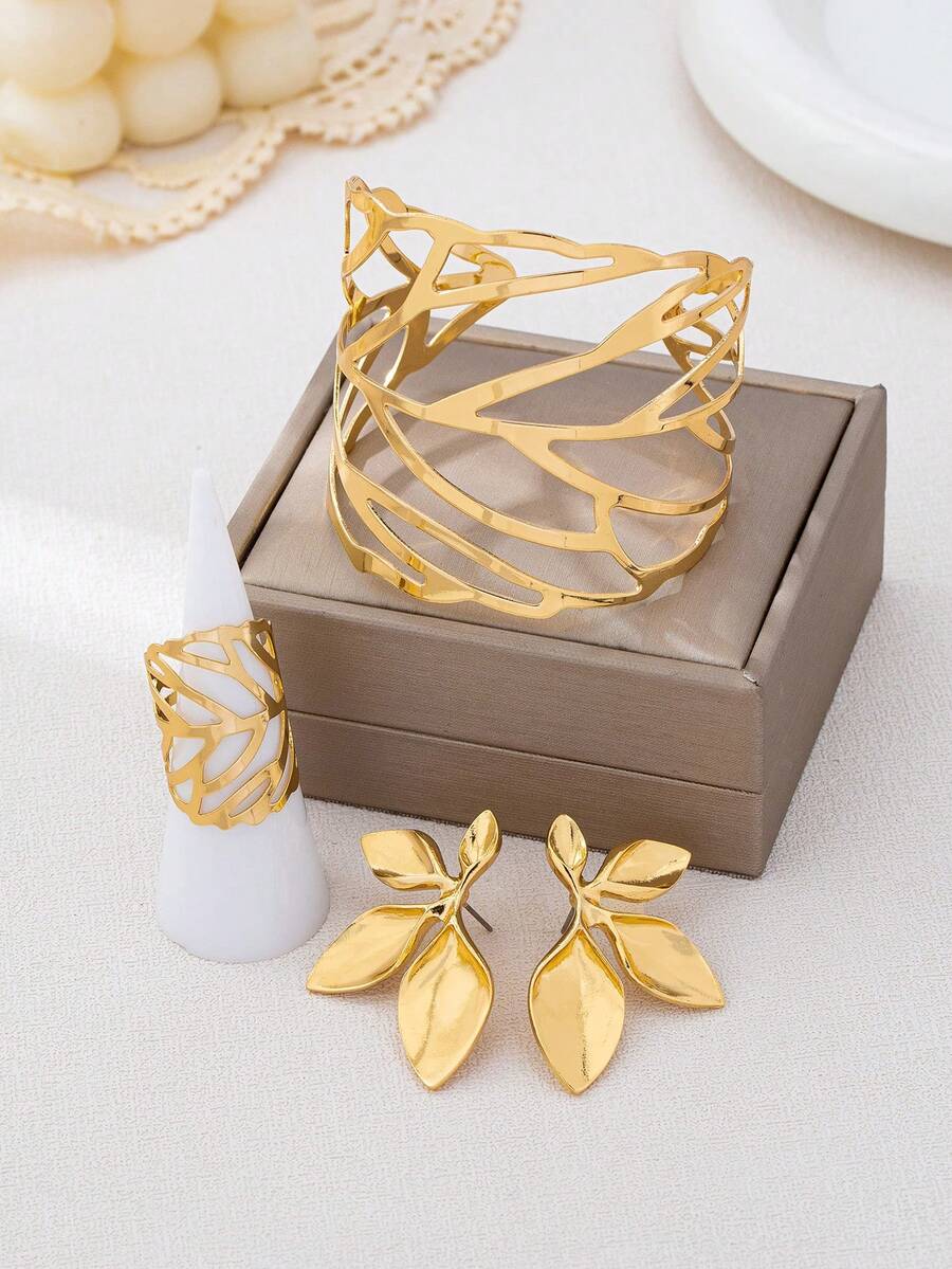 Juego de joyería elegante de 4 piezas con flores doradas y hojas geométricas, incluyendo pulsera, anillo y aretes, elaborado con metal grueso y brillante para mujeres - Amarillo Oro - Ver 1