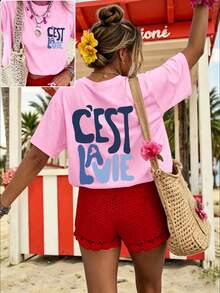 100% Cotton Women's T-Shirt, Featuring A Classic 'life Philosophy' Design; New Spring/Summer Preppy-Style Casual Sportswear For Women - Light Peach - View 1
