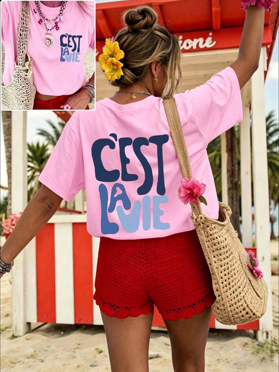 100% Cotton Women's T-Shirt, Featuring A Classic 'life Philosophy' Design; New Spring/Summer Preppy-Style Casual Sportswear For Women - Light Peach - View 1