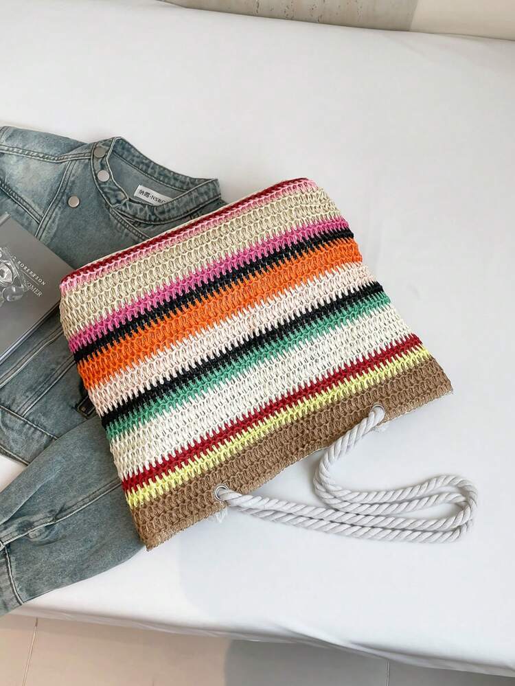 Bolso de playa de paja para vacaciones de verano, de gran capacidad, de moda, versátil, bolso de hombro casual - Multicolor - Añade 11