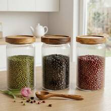 3 Pack Kitchen Canisters Set  Ribbed Glass Storage Jars With Airtight Wooden Lids Clear Food Storage Containers For Coffee Sugar Tea Pasta Candy Snacks Pantry Organization Countertop Decor - View 2