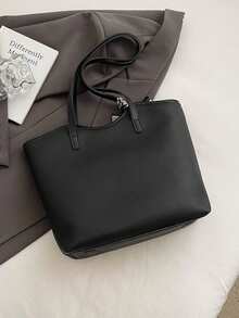 Bolso de mano de material de PU de unicolor con cierre de cremallera, cartera de mujer minimalista y clásica de uso múltiple, adecuada para compras, citas y viajes al trabajo - Negro - Ver 6