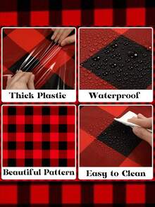 3pcs Disposable Rectangular Tablecloth | Black & Red Plaid Pattern, 54*108 Inches, PE Material, Reusable And Wipe Clean. Perfect For Christmas, New Year, Valentine's Day, Easter, Thanksgiving, Halloween, Seasonal Rustic Decor And Camping Party Supplies. - Multiple Styles - View 5