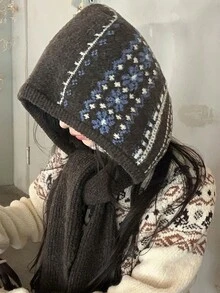 1pc Winter Snowflake Geometric Pattern Fairisle Balaclava Hat & Scarf Set For Women, Autumn/Winter - Multicolor - View 5