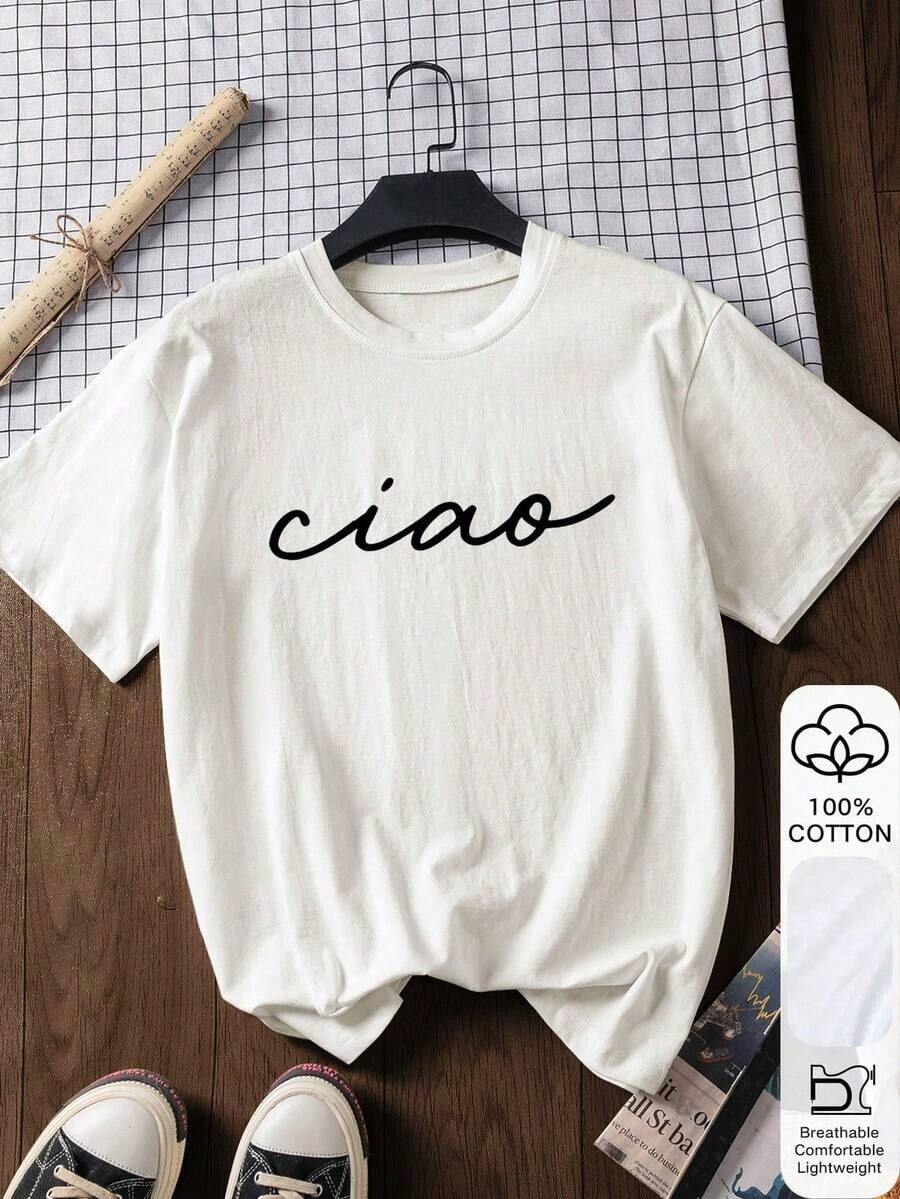 100% Cotton Short-Sleeved T-Shirt With Ciao Letter Print, Casual White Summer T-Shirt, Back-To-School Inspiration, Back-To-School Essential, Outfit For The First Day Of School - 白色 - 查看 1