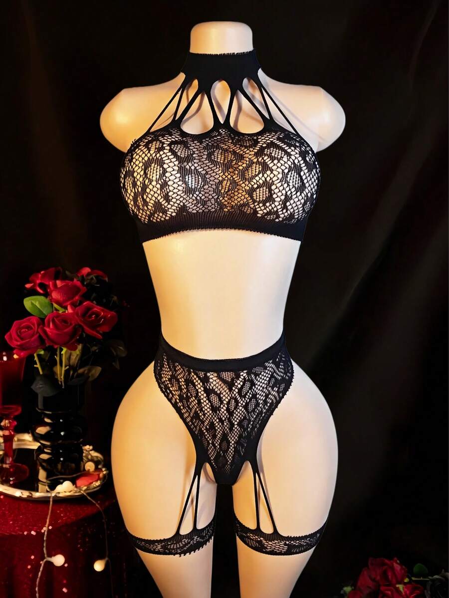 2 piezas Conjunto de lencería de encaje para mujer con portaligas - Sujetador y tanga de malla transparente con estampado de leopardo, ropa de dormir sexy - Negro - Ver 1