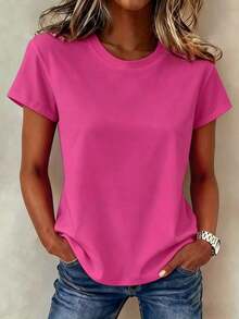 Camiseta de mujer de unicolor, de cuello redondo y manga corta, de uso diario y minimalista - Rosa Fucsia - Ver 1