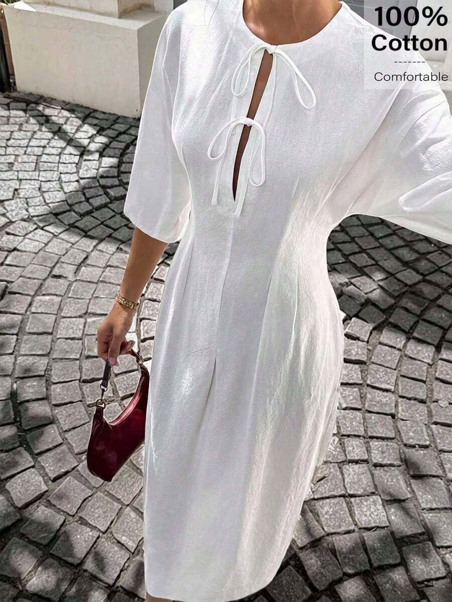 Business Casual Woman Wedding Guest Dress Women All White Party Outfit Women Women's Maxi Dress, White Maxi Dress Old Money Style Wome Teacher Outfits For Women Solid Color, Long Sleeves, Tie-Up Simple And Stylish, Suitable For Summer Ladies Summer Wear Women's Summer Simple Solid Color Front Tie Waist Dress New Year Casual White - trắng - Xem 1