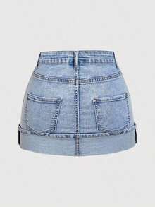 Minifalda vaquera casual y versátil con bolsillos y puños para mujer - Azul 4 - Ver 2