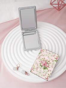 1 pieza Espejo de vanidad plegable con tema floral, espejo de mano portátil y compacto con elegante pintura al estilo británico, ligero y conveniente para todas las ocasiones, con delicados patrones florales, de abeja y de higo, de cuero de PU duradero, diseño rectangular plegable para un fácil transporte - Multicolor - Ver 3