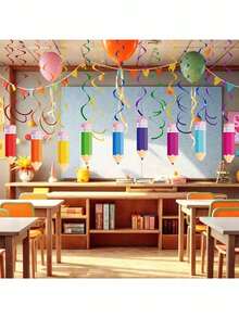 24pcs Rainbow Classroom Decor Hanging Ornaments - Colorful Ceiling Garland With Pencil Patterns, Suitable For Classroom, Party, Graduation, Birthday Decoration, Battery-Free, Easy To Hang, Classroom Decor, Decorative Wreath - Multicolor - View 2