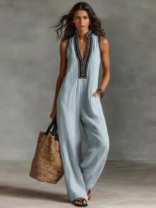 2026 European And American Women's Simple Linen Blend Sleeveless Jumpsuit With Zipper And Stand-Up Collar Decorated With Embroidery, Conjunto Para Hombre - Xanh nhạt - Xem 1