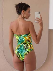 August vacation 八月假期女士时尚绿色动物纹可拆卸肩带性感抹胸连体泳衣，随机花卉印花沙滩度假泳装，夏季 - 彩色 - 查看 2