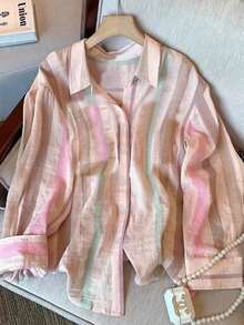 2026 New Retro Colorful Striped Polo Collar Shirt For Women, Lightweight Long Sleeve Top Suitable For Spring, Summer, Autumn - Multicolor - View 3