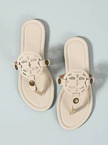 Ximi Ruo Sandal Jepit Kasual Gaya Korea untuk Wanita, Ujung Terbuka, Sandal Roman Anyaman, Cocok untuk Musim Semi, Musim Panas, Pantai, Liburan, Dipadukan dengan Gaun, Cokelat, Sandal Jepit - Krem - View 6
