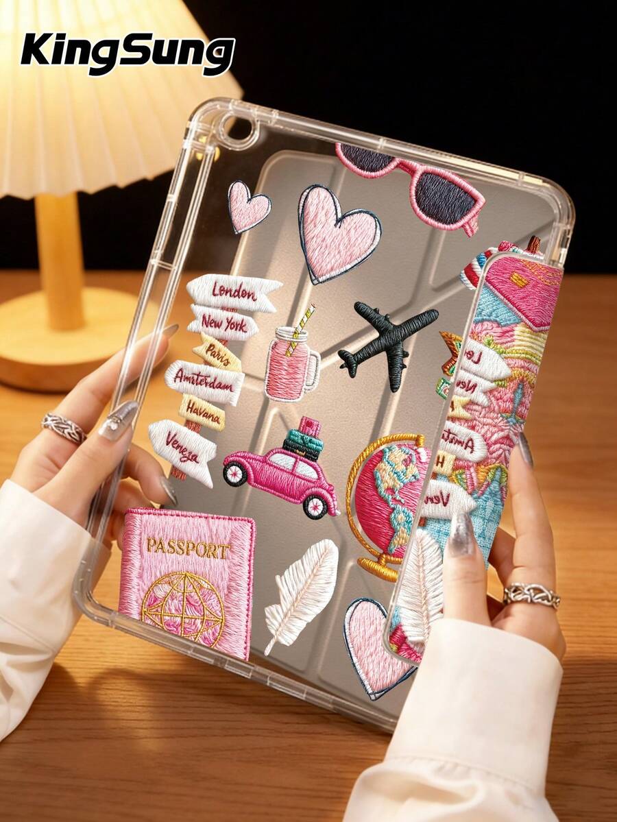 Kingsung Ốp lưng máy tính bảng Travel Elements hình chữ Y, gấp gọn, hai mặt, làm bằng acrylic trong suốt, tương thích với máy tính bảng Mini6/7/9.7/10.2/10.5/10.9/12.9/Pro 11, thế hệ thứ 10. Ốp bảo vệ hỗ trợ điều chỉnh đa góc, sáu cách đặt giá đỡ, khe cắm bút tích hợp, mặt lưng trong suốt, chống rơi vỡ, tự động bật/tắt màn hình. Tương thích với Kindle Paperwhite thế hệ thứ 12 năm 2024, Kindle thế hệ thứ 11 năm 2022, Clara Colour.