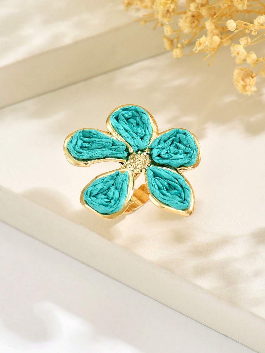 1pc Adjustable Ring, Summer Handmade Woven Floral Open Ring, Multicolor Macaron Contrast Color Rattan Flower Petal Rings, Bohemian Countryside Atmosphere Accessories, Lightweight Luxury Gold Rim Versatile Midi Ring, Beach Vacation Photo Prop, Daily Commute Date Music Festival Sweet Charm Decor - Green - View 1
