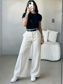 Pantalones anchos de cintura alta y ajuste ceñido en color café, estilo callejero bohemio, adecuados para uso casual, ir al trabajo y vacaciones en primavera/verano - Blanco 2 - Ver 3
