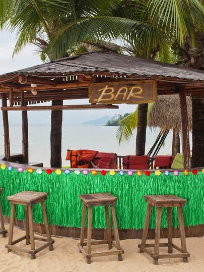 1 chiếc váy phủ bàn kiểu Hawaii Luau bằng cỏ, váy phủ bàn bằng sợi raffia nhiệt đới với hoa dâm bụt nhiều màu sắc, 200x60cm, thích hợp cho tiệc bãi biển mùa hè, quán bar Tiki, sinh nhật, tiệc nướng BBQ, trang trí tiệc theo chủ đề Aloha.