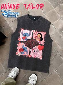 Disney Men's Short-Sleeved T-Shirt, Printed Unisex Sleeveless T-Shirt, Men's T-Shirt With Stitch And Lilo Design For Valentine's Day, Casual Wear For Spring And Summer, Gift Idea For Couples - 黑色 - 查看 8