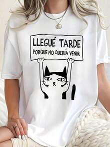 Suave Playera Blanca con Frase Graciosa "LLEGUÉ TARDE PORQUE NO QUERÍA VENIR" y Gato, Camiseta de Humor Sarcástico en Español Estampada, Blusa Oversize Holgada Aesthetic Casual de Mujer, blusas para mujer elegante - Blanco - Ver 7