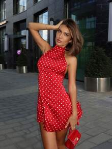 Fashionable Printed Dress With Open Back And Adjustable Waist - 紅色 - 查看 3