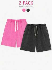 2PC Black And Pink Washed Pure Cotton Shorts Comfortable&Versatile Perfect For Daily Outfits Outdoor Activities Beach Fitness And Travel Resistant To Dirt Easy To Clean Easy To Put On And Take Off Fashionable Versatile Ideal Gift For Relatives And Friends High End Texture - 彩色 - 查看 1