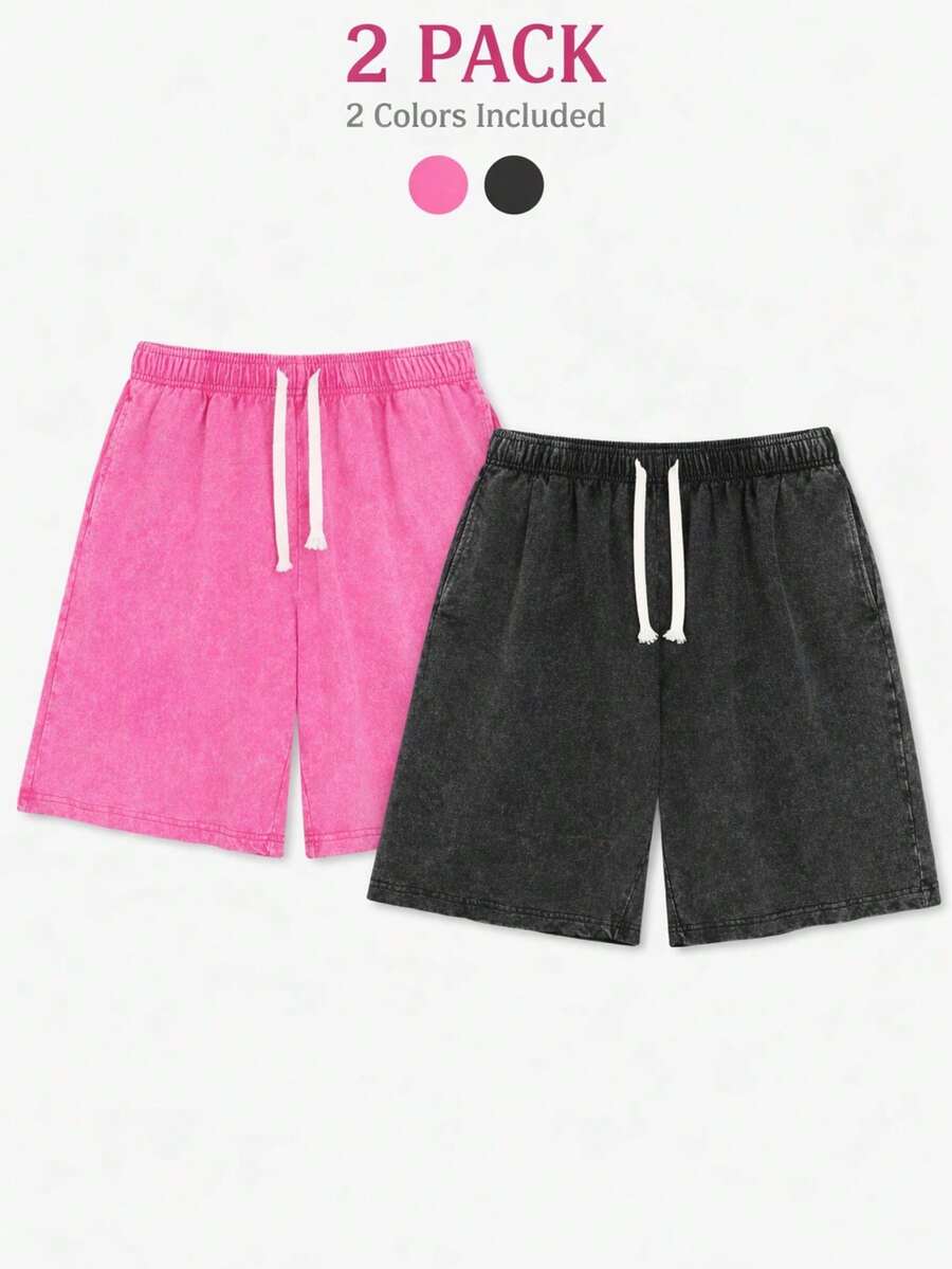 2PC Black And Pink Washed Pure Cotton Shorts Comfortable&Versatile Perfect For Daily Outfits Outdoor Activities Beach Fitness And Travel Resistant To Dirt Easy To Clean Easy To Put On And Take Off Fashionable Versatile Ideal Gift For Relatives And Friends High End Texture - 彩色 - 查看 1