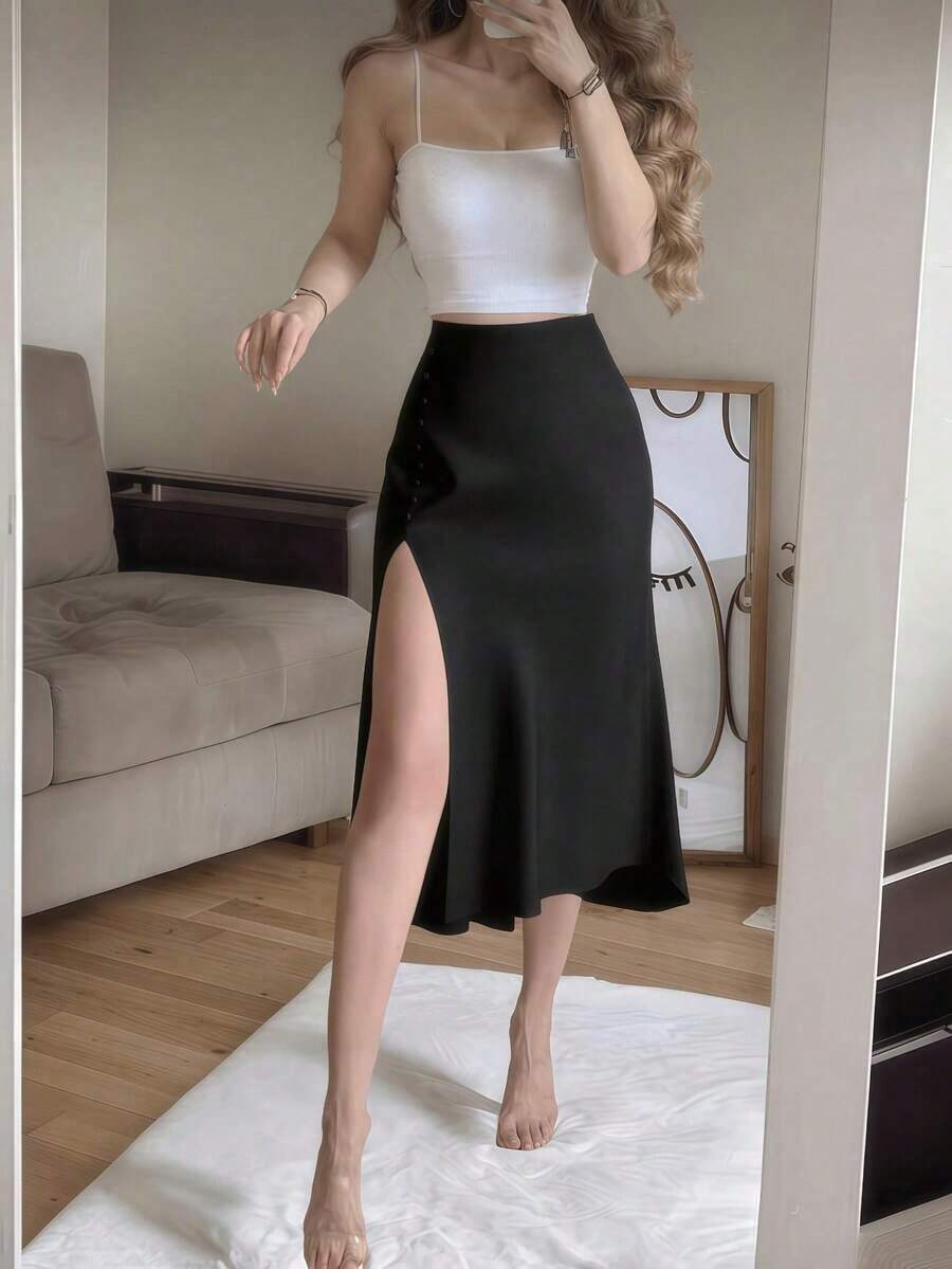 negro elegante de talle alto con abertura alta y botones para mujer, primavera - Negro - Ver 1