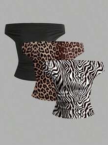Parte superior sencilla de diseño con hombros descubiertos de unicolor, uso casual diario para mujeres - Multicolor 10 - Ver 1